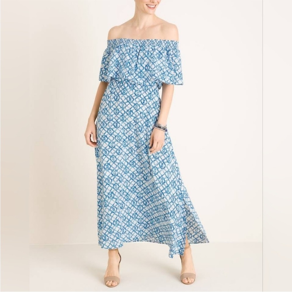 Chico's Blue & White Smocked Off Shoulder Maxi Dress Size 0 (4-6) Small
